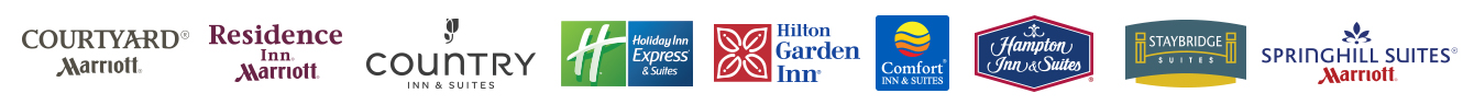 image of hotel logos - hilton garden inn, courtyard marriott, residence inn marriott, holiday inn express, comfort inn and suites, econolodge, days inn