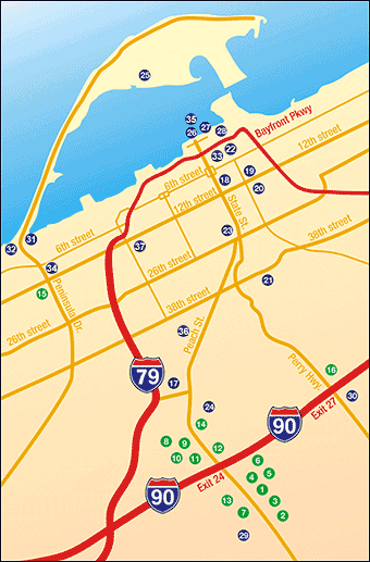 image of erie PA map with plotted points that correspond with the numbered list on the left